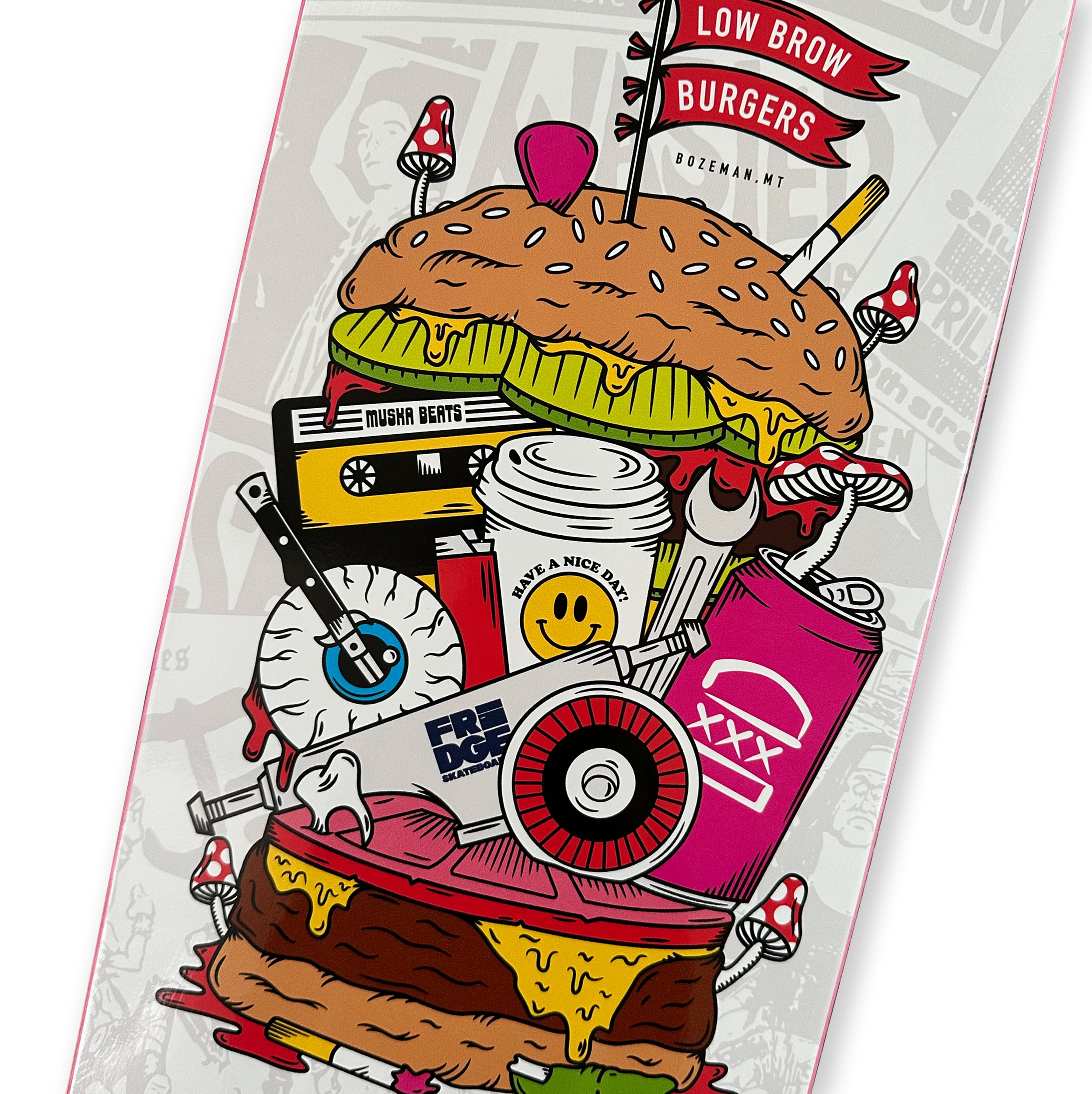 Illustrated Low Brow Burgers skateboard deck shown in close-up