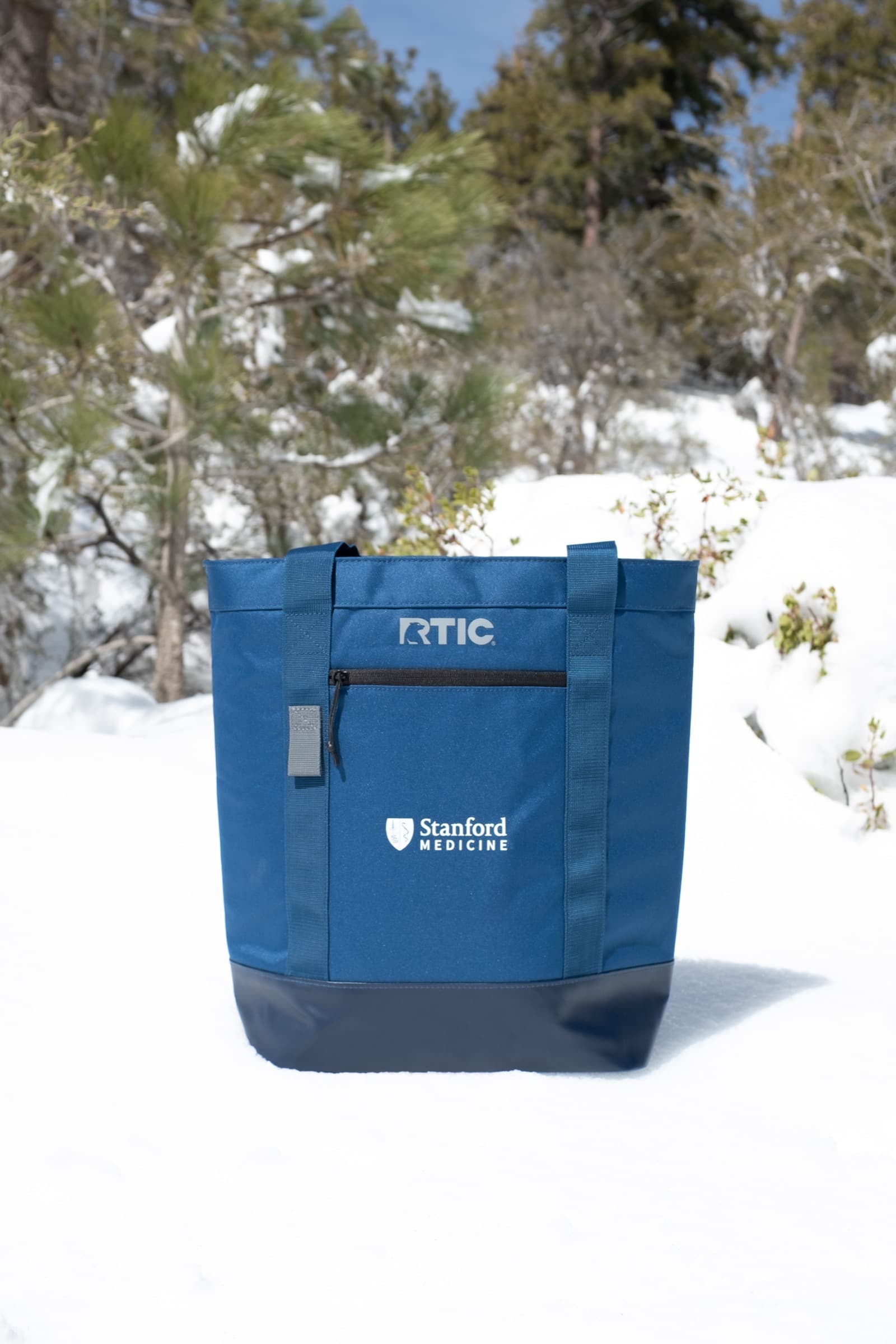 Stanford Medicine RTIC cooler tote photographed in snow