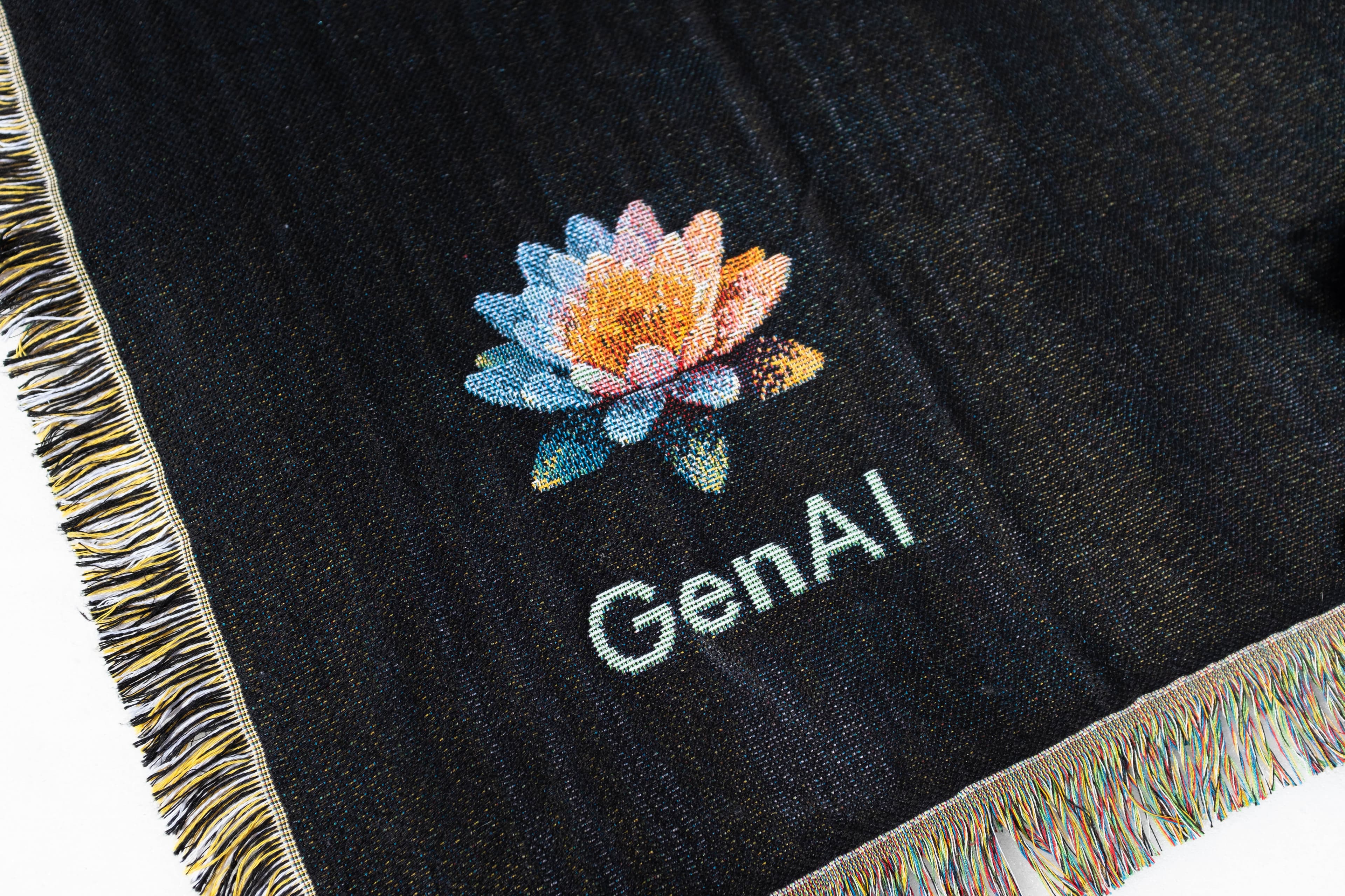 Google GenAI woven blanket closeup with lotus artwork and fringe detail