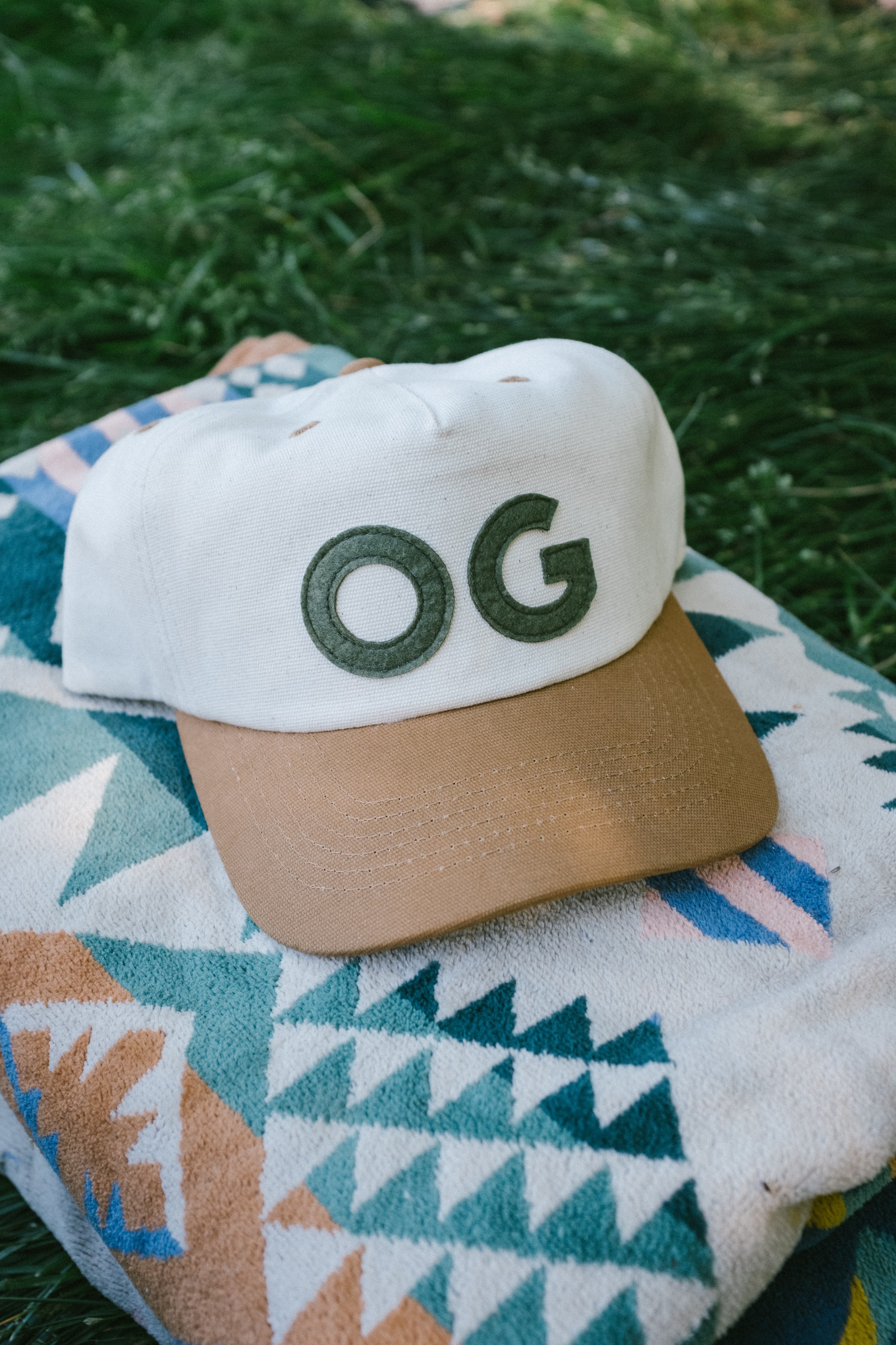 Felt patch detail on a hat