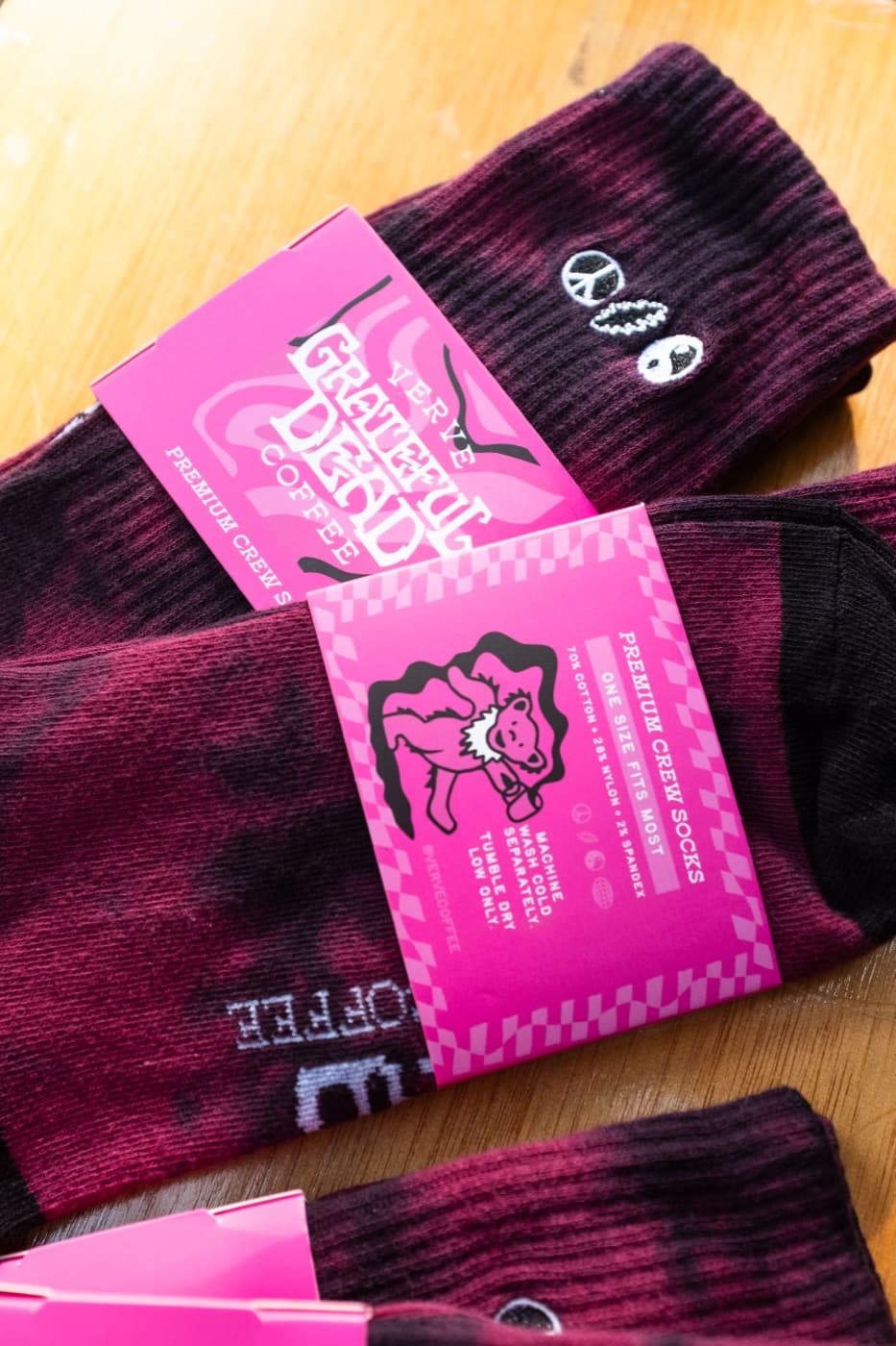 Two pairs of Verve Coffee socks grouped together in a styled product shot